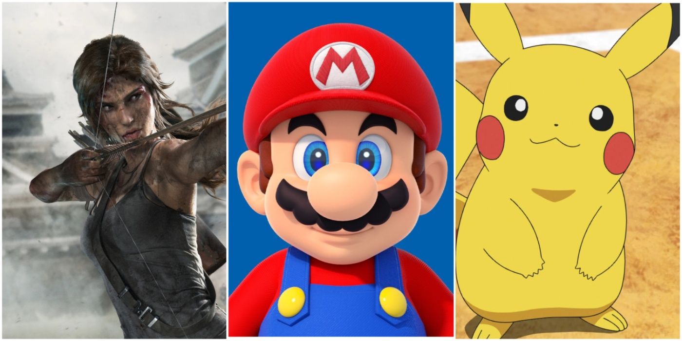A split image showing Lara Croft in Tomb Raider, Mario, and Pikachu in Pokemon