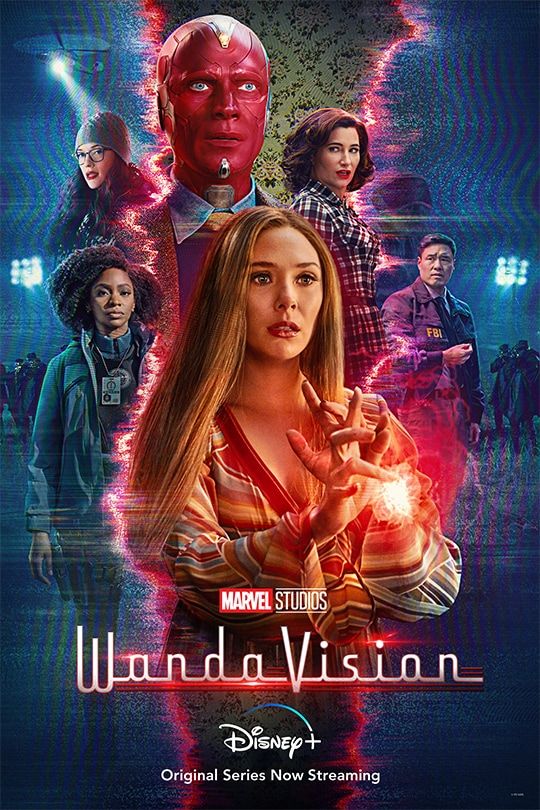 The superheroes Paul Bettany, Elizabeth Olsen, Kat Dennings, Kathryn Hahn, Randall Park, and Teyonah Parris in WandaVision (2021)