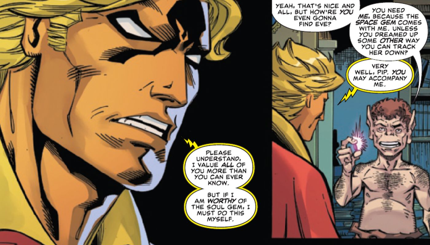 Adam Warlock discutindo por que ele deve enfrentar Eve sozinho antes de deixar Pip, o troll, se juntar a ele