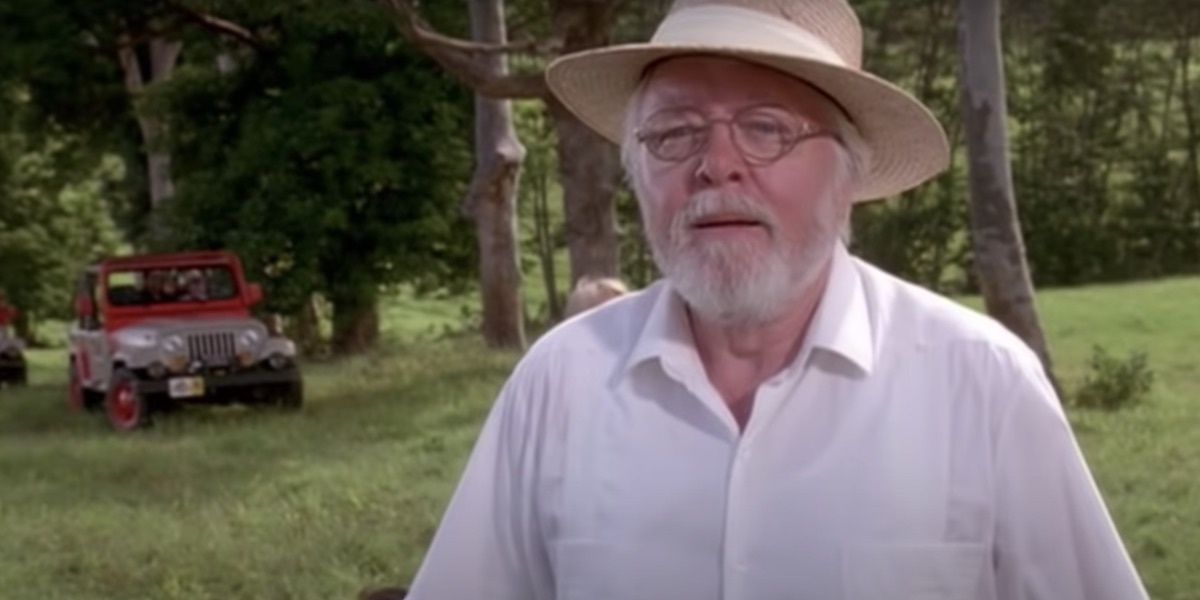 John Hammond, interpretado por Richard Attenborough, contemplando Jurassic Park