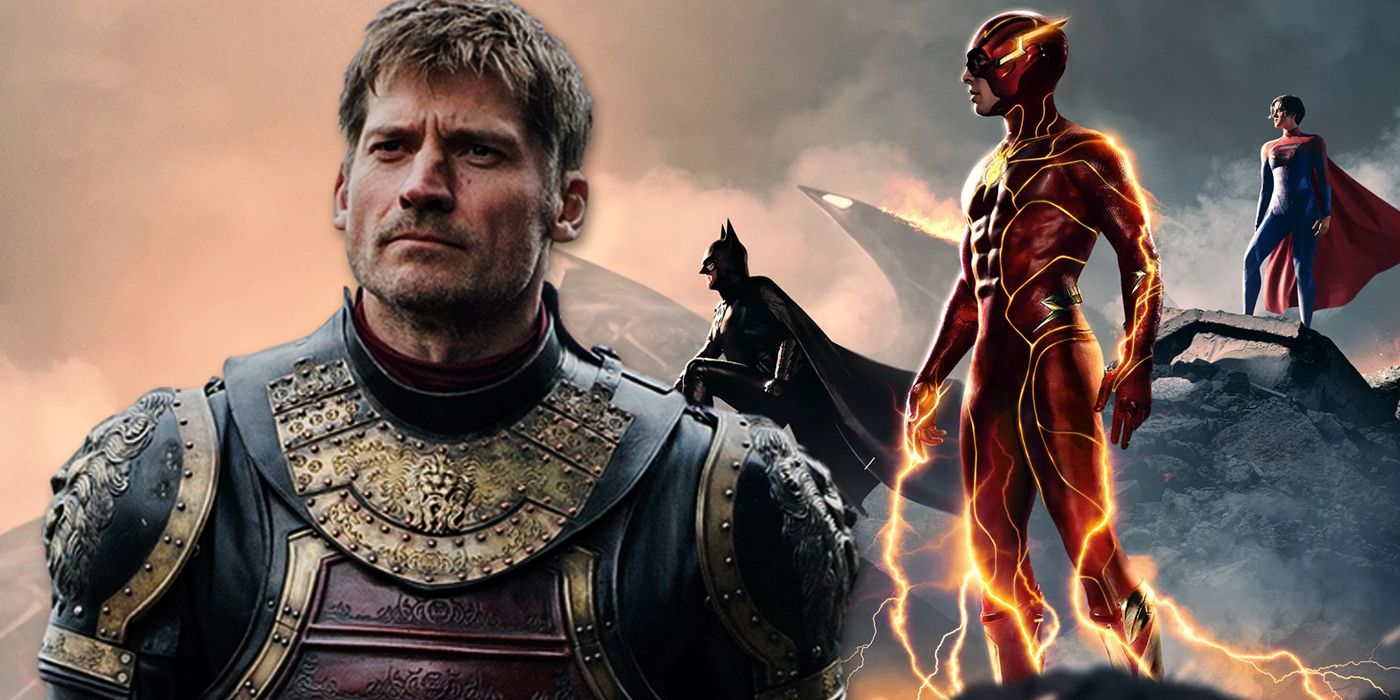 Jaime Lannister from Game of Thrones with the cast of The Flash movie in the background