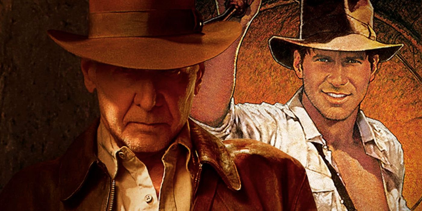 Split Image: Indiana Jones (Harrison Ford) in Dial of Destiny; Indiana Jones and the Raiders of the Lost Ark cover photo