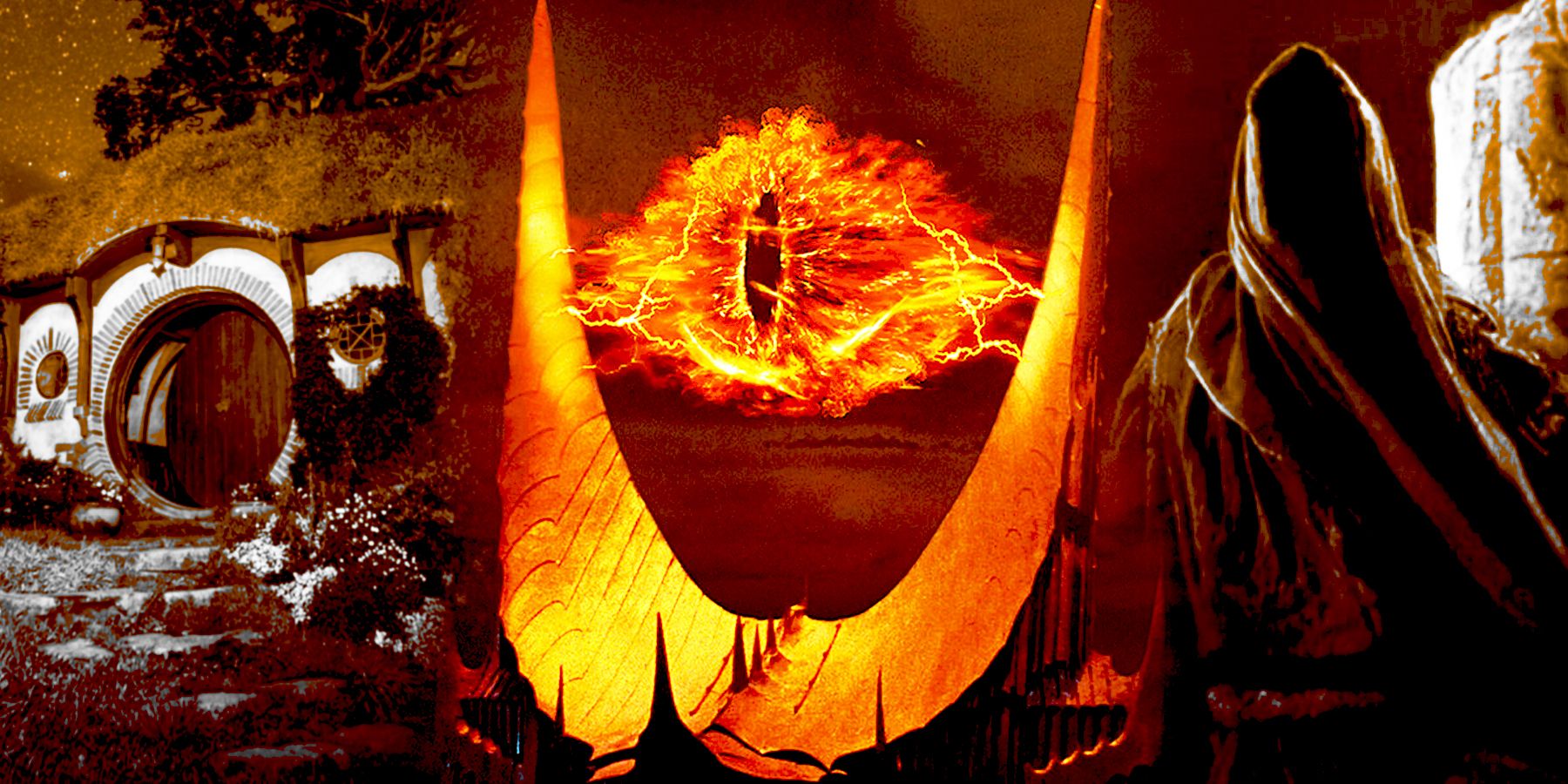 A composite image of a house in the Shire, the Eye of Sauron and a Ringwraith