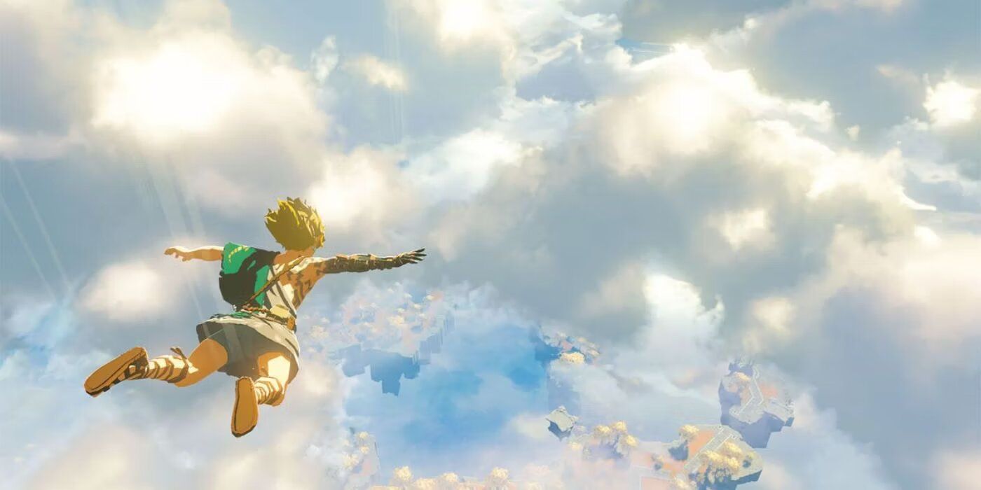 Link from Tears of the Kingdom soaring through the skies to Hyrule without a Paraglider