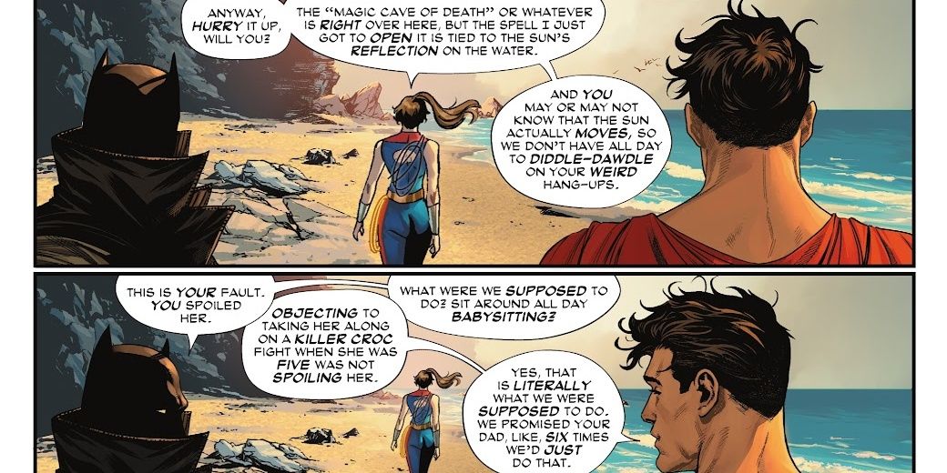 Trinity se afasta de Damian Wayne Batman e Jon Kent Superman em uma praia durante o dia em Wonder Woman #800 da DC.