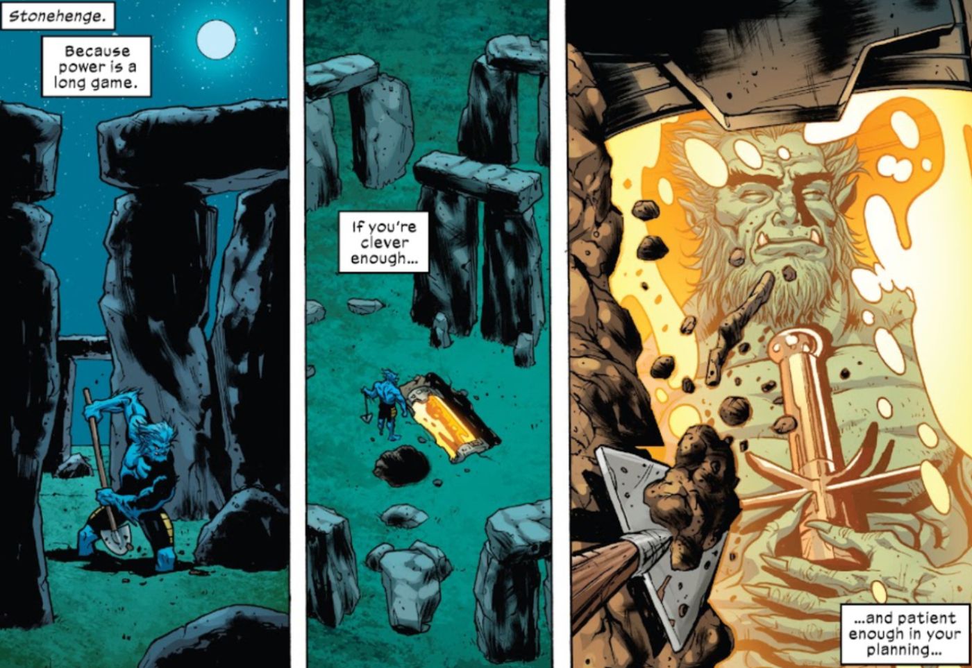 Fera enterra uma de suas cápsulas de clonagem em Stonehenge na Marvel Comics