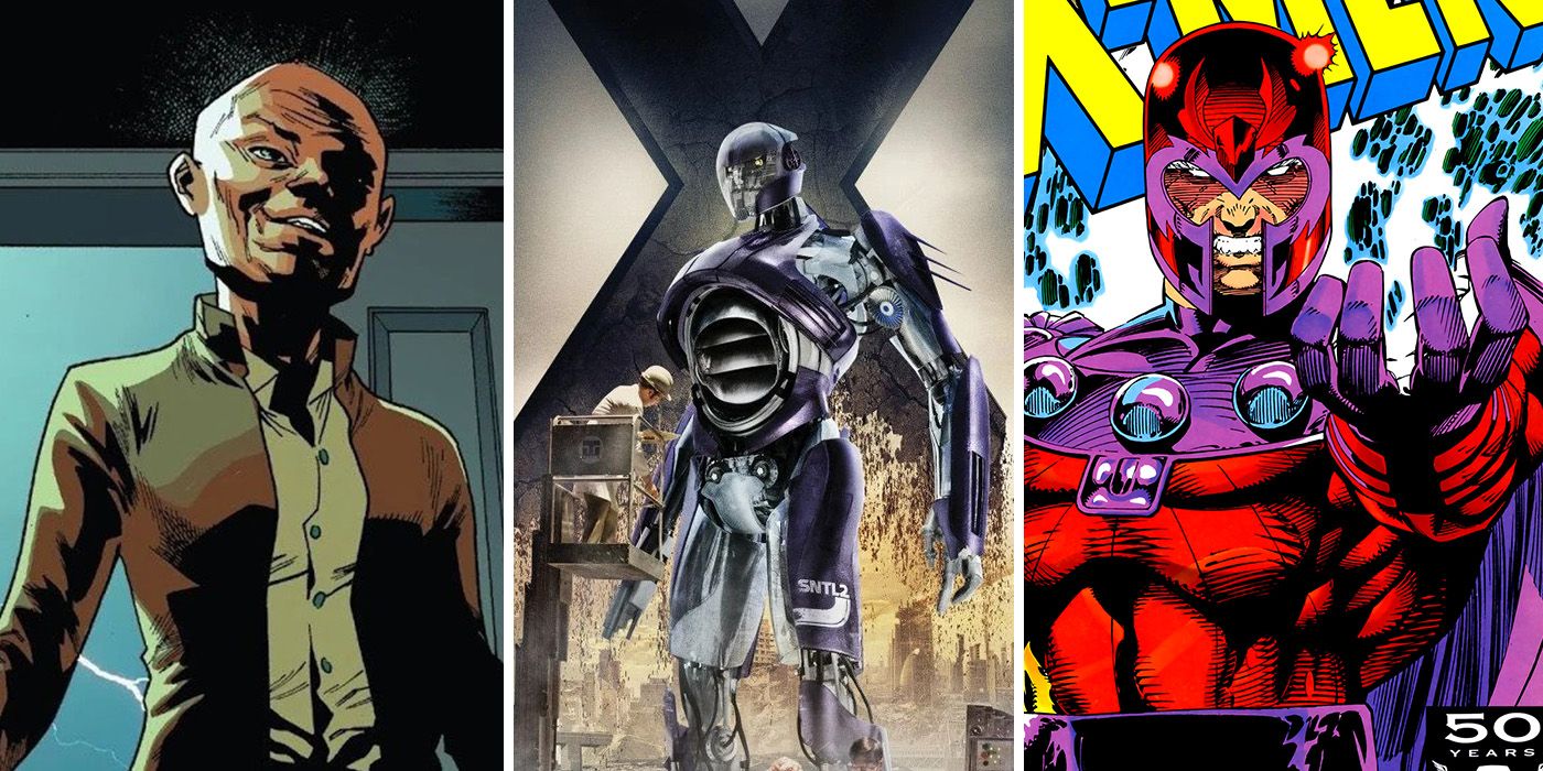 split image: Cassandra Nova and Magneto from X-Men comics, Sentinels from Days of Future Past movie