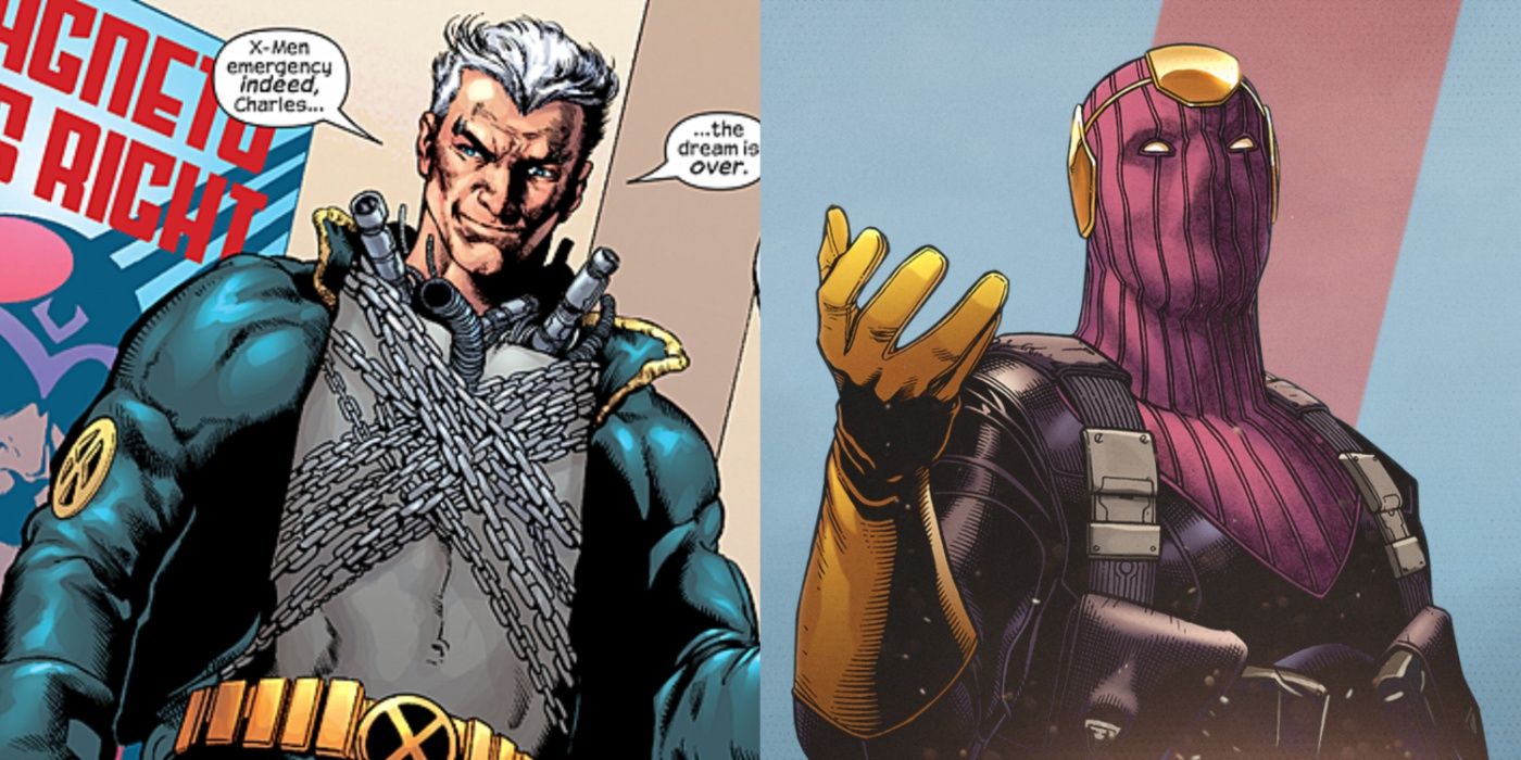 Split image of Magneto revealing himself to be Xorn and Helmut Zemo as Citizen V.