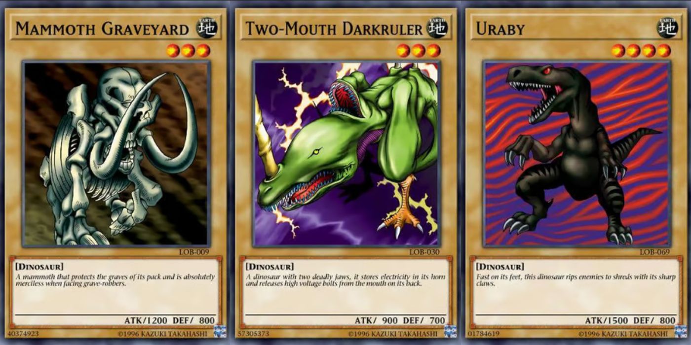 yugioh dinossauro monstros normais cemitério mamute, régua escura de duas bocas e uraby