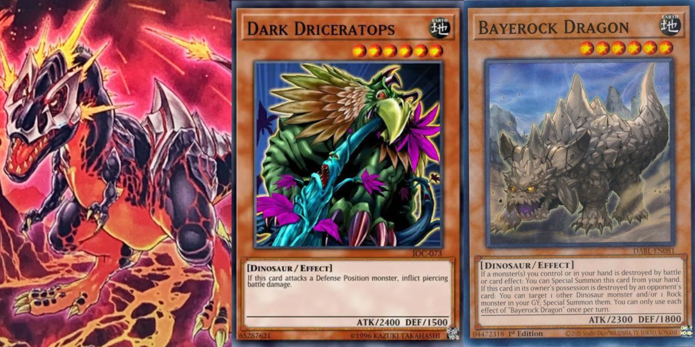 yugioh nível seis monstros de efeito dinossauro com arte xeno meteorus, carta driceratops escuro e carta dragão bayerock