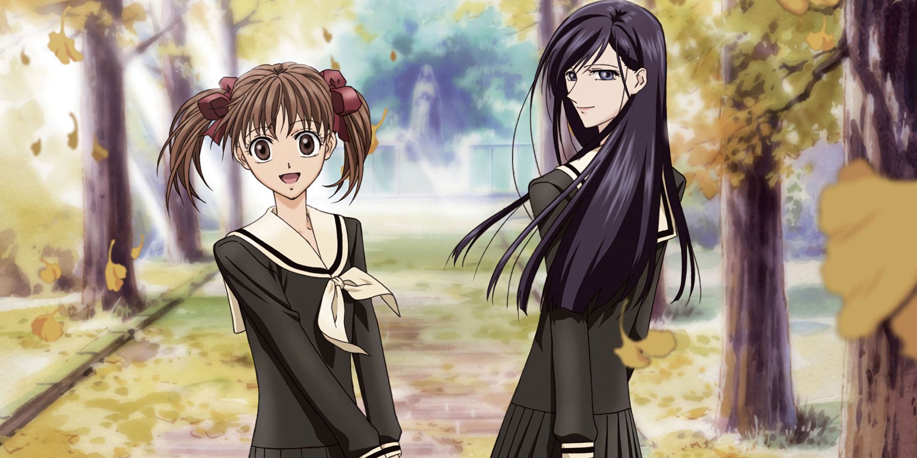 Yumi and Sachiko from Maria-Sama Ga Miteru smile in the woods in front of their institute