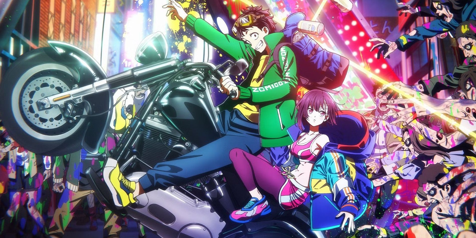 Akira and Shizuka on a motorcycle surrounded by zombies from Zom 100: Bucket List of the Dead
