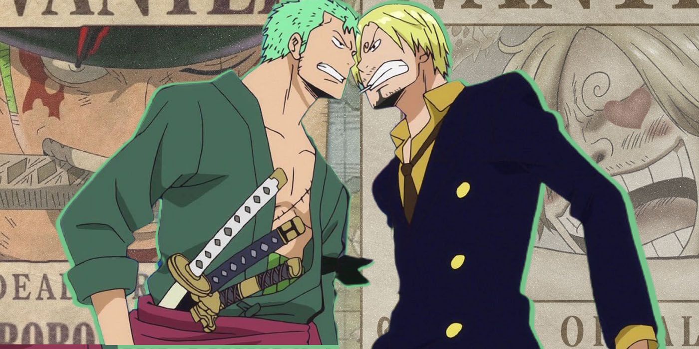 Zoro and Sanji butting heads in One Piece with wanted posters in the background