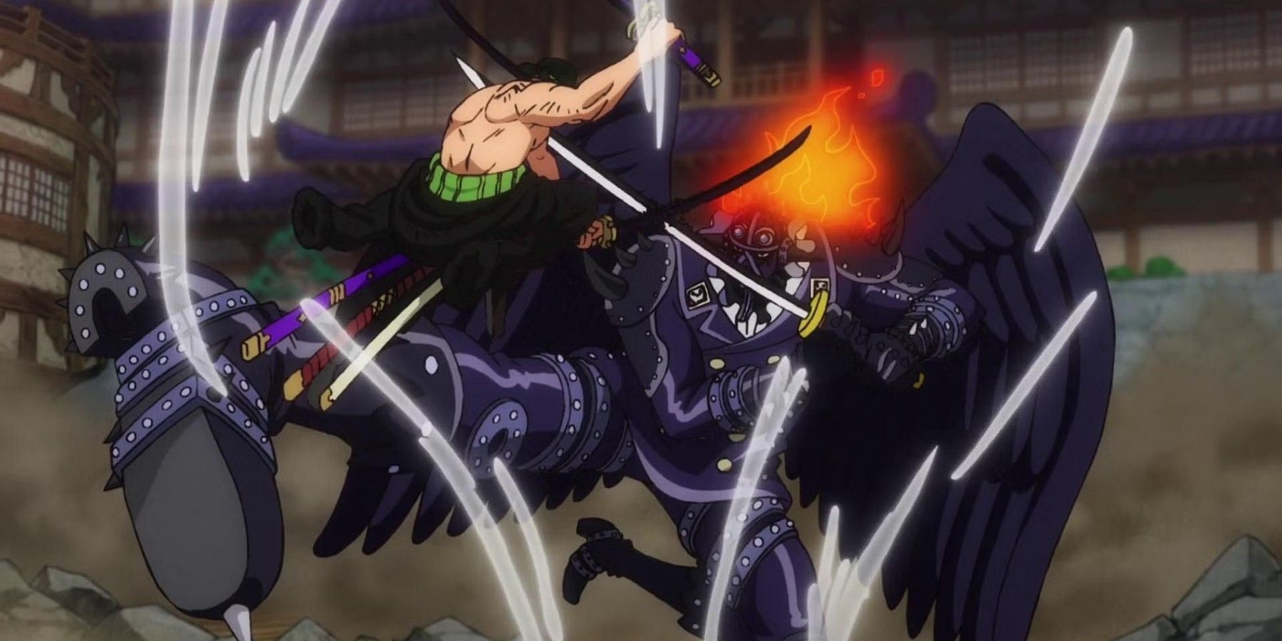 Zoro vs King during the Onigashima raid in One Piece.