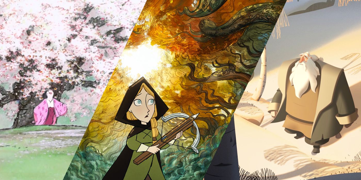 Split image of screenshots from The Tale of the Princess Kaguya, Wolfwalkers and Klaus