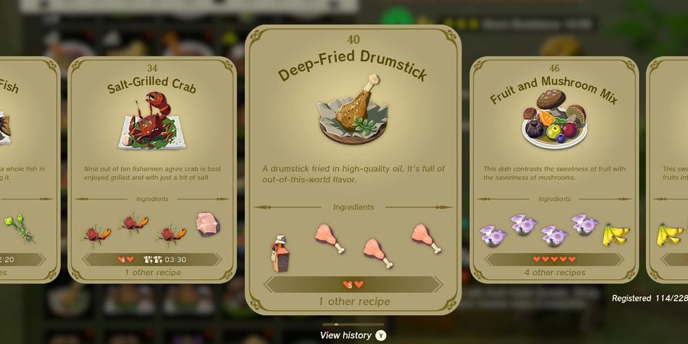 An in-game recipe book from Tears of the Kingdom featuring the Deep-Fried Drumstick recipe