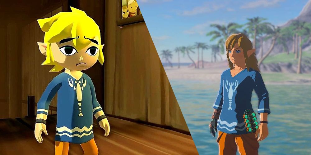 Imagem dividida de Link de The Wind Waker e Link de Tears of the Kingdom, ambos vestindo a camiseta da ilha da lagosta