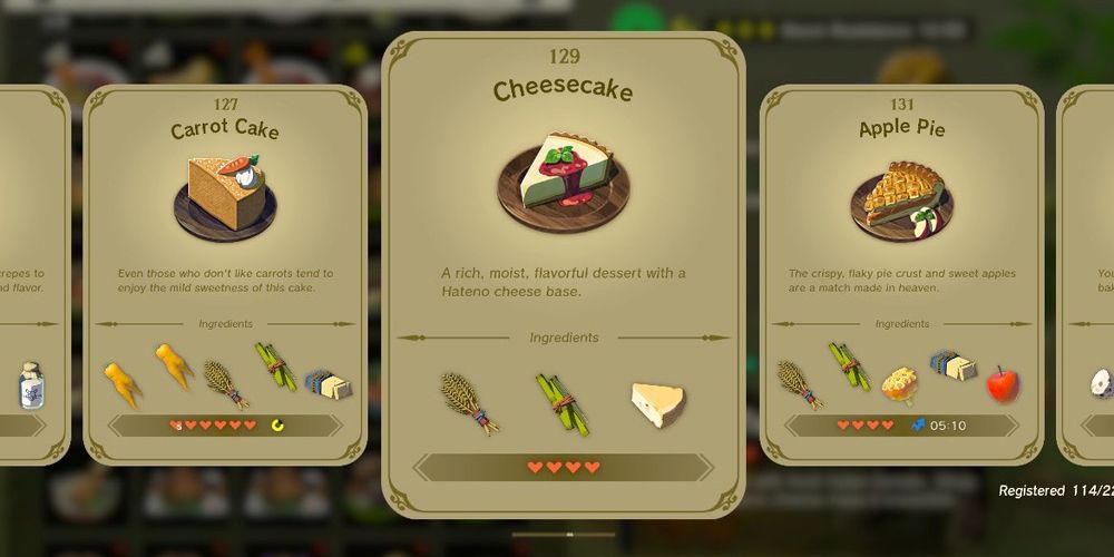    An in-game recipe book from Tears of the Kingdom featuring the cheesecake recipe