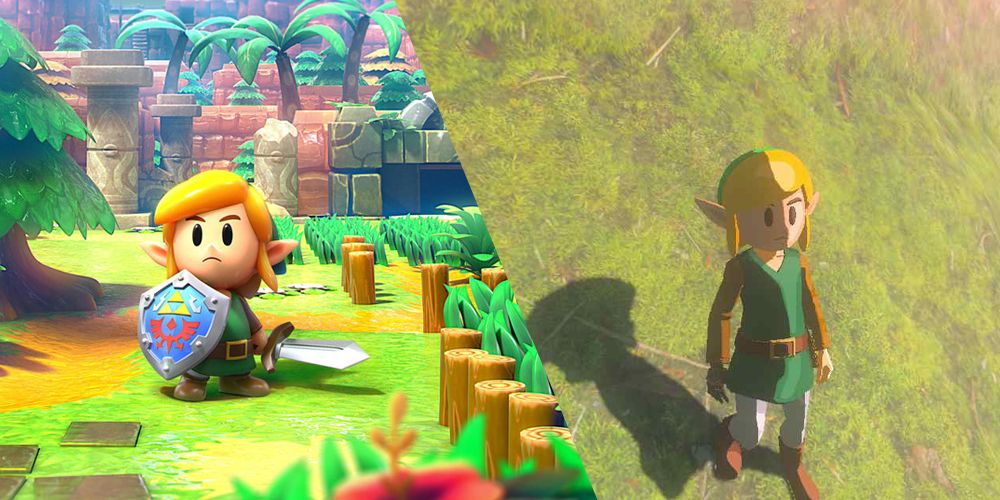 Imagem dividida de Link de Link's Awakening e Link de Tears of the Kingdom usando o conjunto Awakening