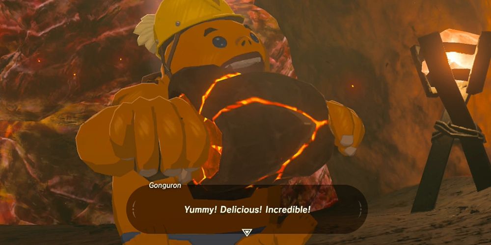 Um Goron de Breath of the Wild comendo um assado de pedra