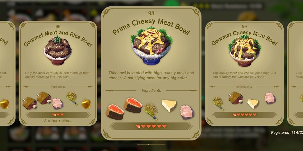 An in-game recipe book from Tears of the Kingdom featuring the Prime Cheesy Meat Bowl recipe
