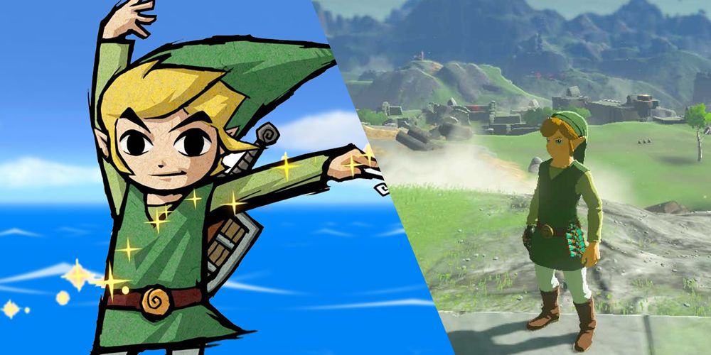 Imagem dividida da arte de Link de The Wind Waker e Link de Tears of the Kingdom usando o Wind set-1