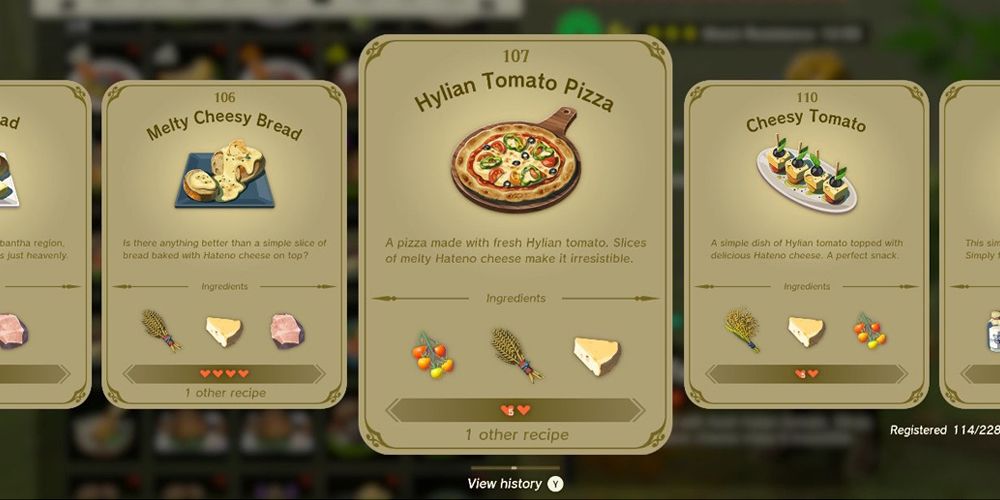 An in-game recipe book from Tears of the Kingdom featuring the Hylian Tomato Pizza recipe