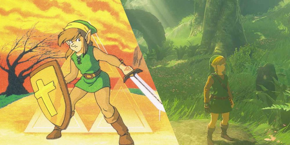 Imagem dividida da arte de Link de The Legend of Zelda e Link de Tears of the Kingdom usando o Hero Set