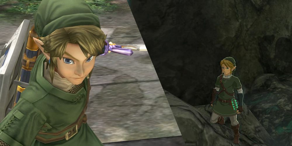 Imagem dividida de Link de Twilight Princess e Link de Tears of the Kingdom usando o conjunto Twilight