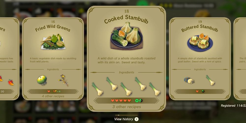 An in-game recipe book from Tears of the Kingdom featuring the Cooked Stambulb recipe