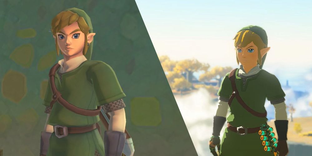 Imagem dividida de Link de Skyward Sword e Link de Tears of the Kingdom usando o conjunto Sky