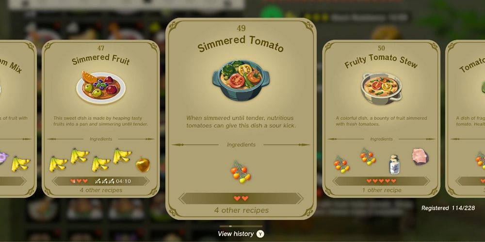 An in-game recipe book from Tears of the Kingdom featuring the Simmered Tomato recipe