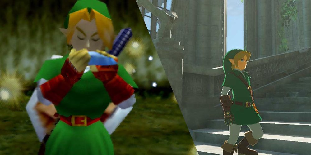 Imagem dividida de Link de Ocarina of Time tocando a ocarina e Link de Tears of the Kingdom usando o conjunto Time