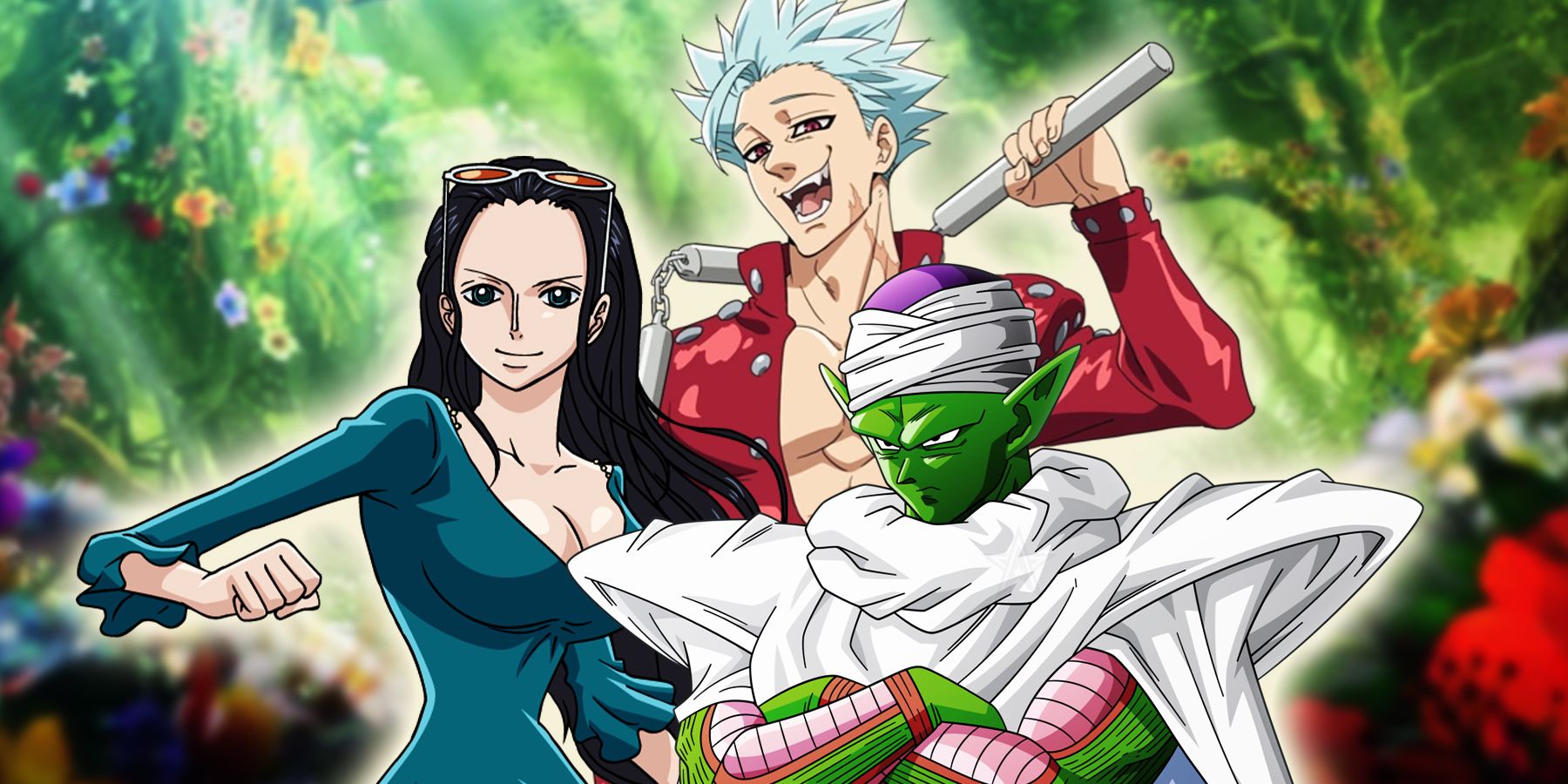 Ban from Seven Deadly Sins, Nico Robin from One Piece, and Piccolo from Dragon Ball in front of a jungle landscape from Hell's Paradise.