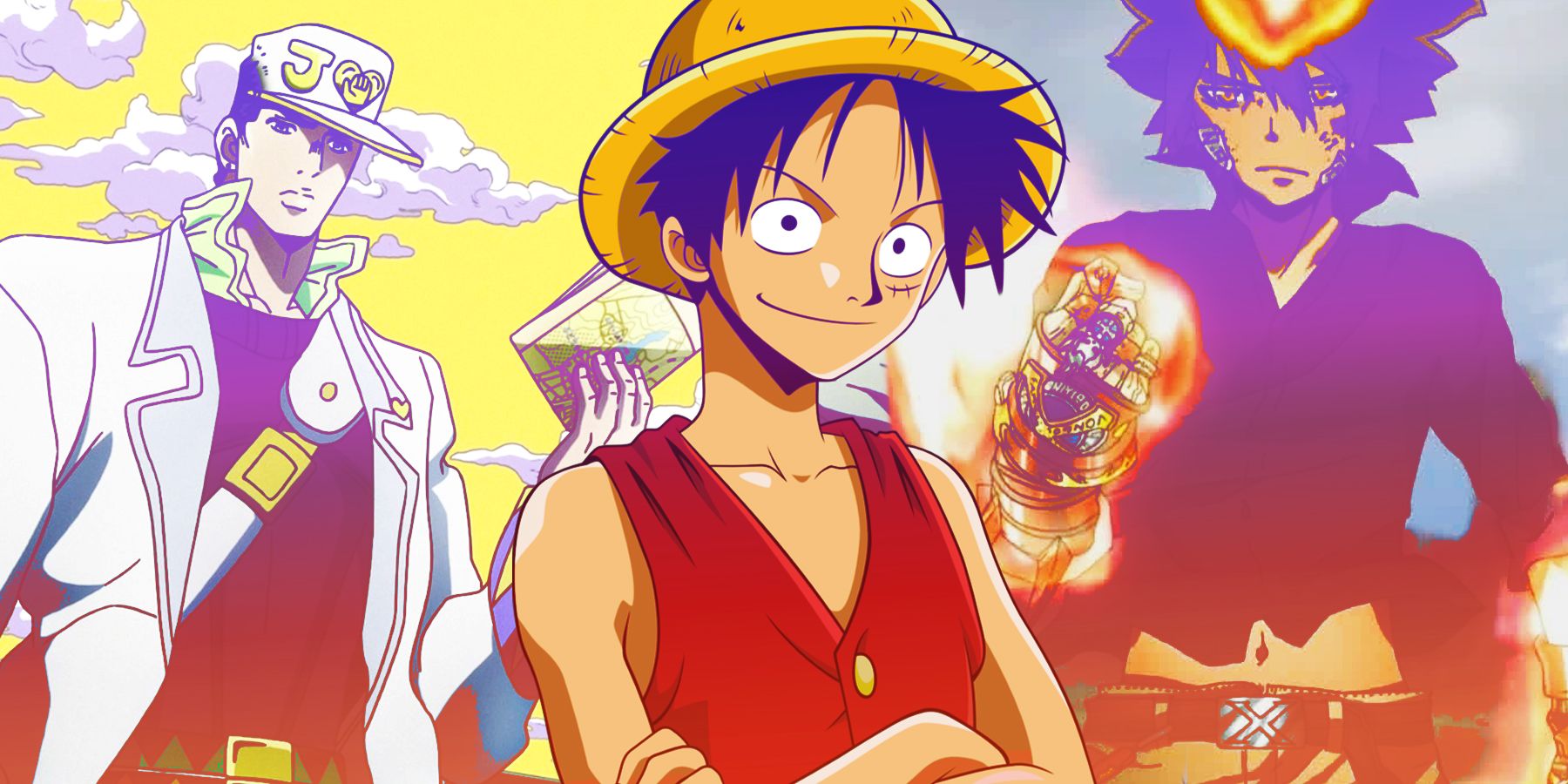 Jotaro Kujo of anime JoJo's Bizarre Adventure, Monkey D. Luffy of anime One Piece and Tsunayoshi Sawada of anime Katekyo Hitman Reborn!