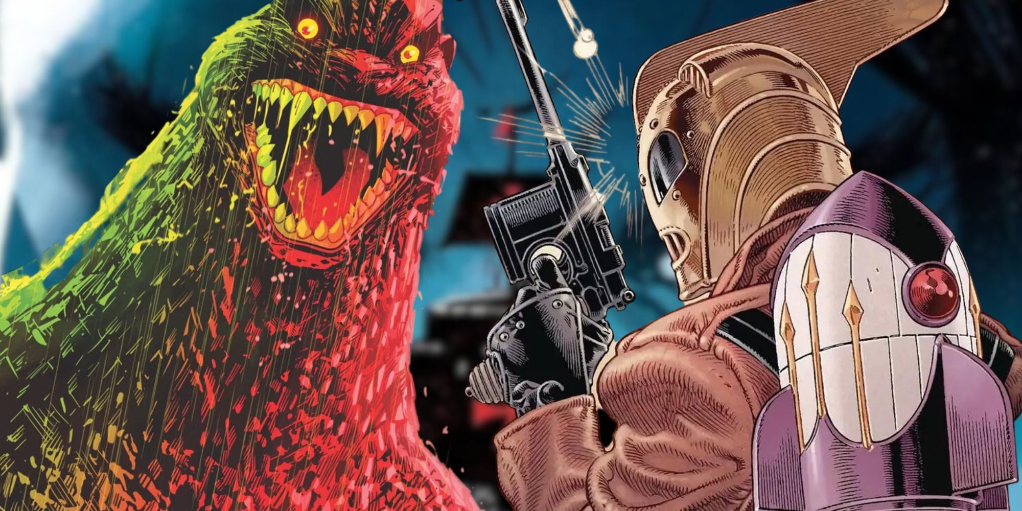 A composite image of IDW Rocketeer and Godzilla in the comics