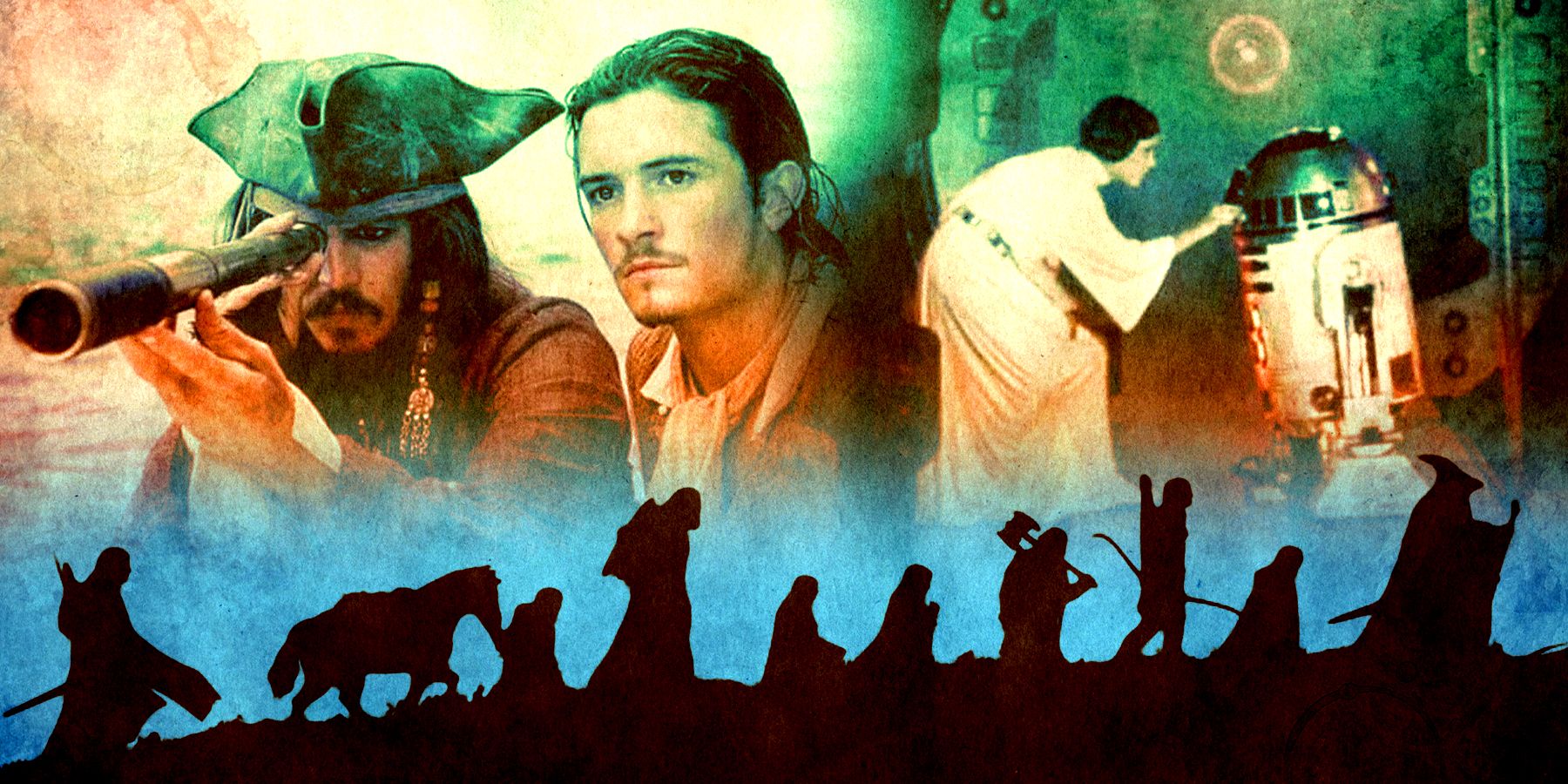 Jack Sparrow and Will turner from Pirates of the Caribbean, Princess Leia and R2-D2 from Star Wars: A New Hope and silhouettes of the fellowship from The Lord of the Rings: The Fellowship of the Ring