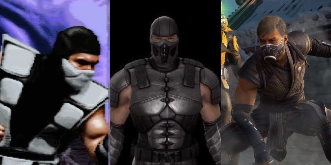 A split image of Smoke from Mortal Kombat III, Smoke's alt skin from Mortal Kombat 9, and Smoke from Mortal Kombat 1.