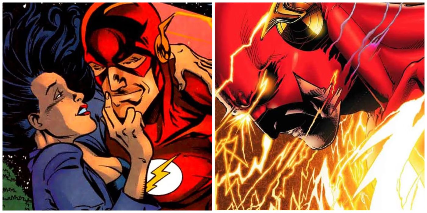 Split image of Wally West holding Linda and of Barry Allen covered in Speed Force energy