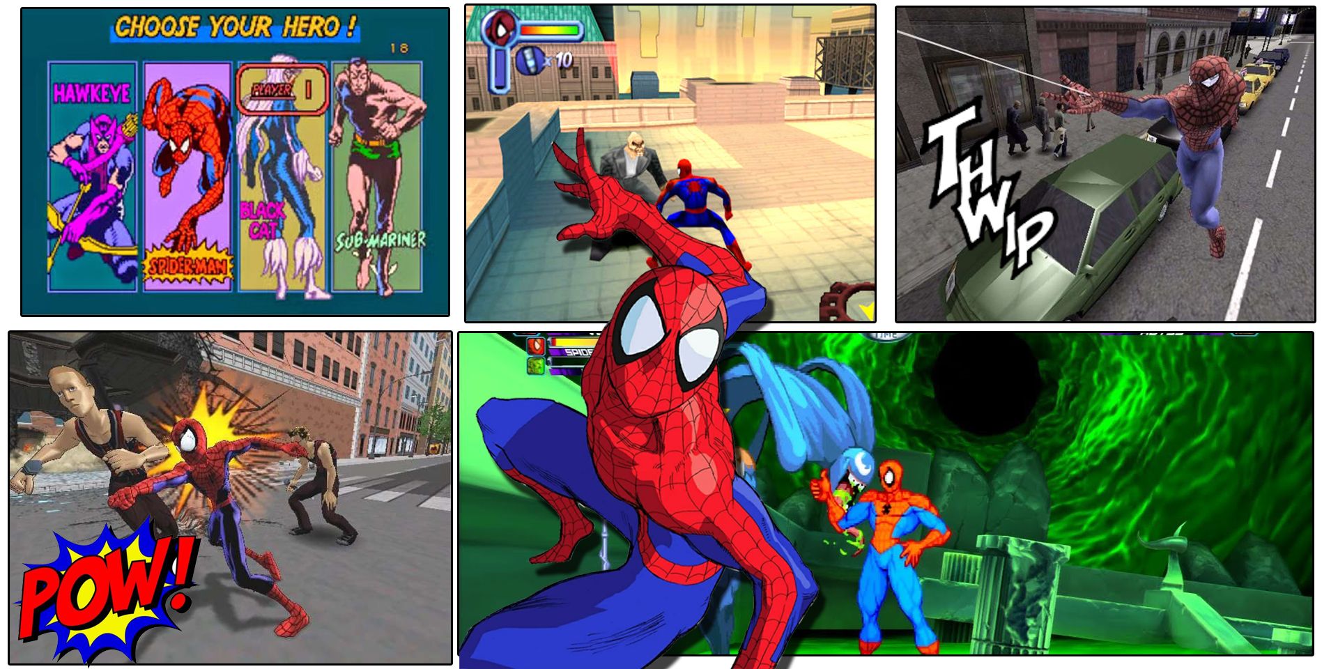 Collage of Spider-Man in video games including War of the Gems and Marvel v Capcom 2