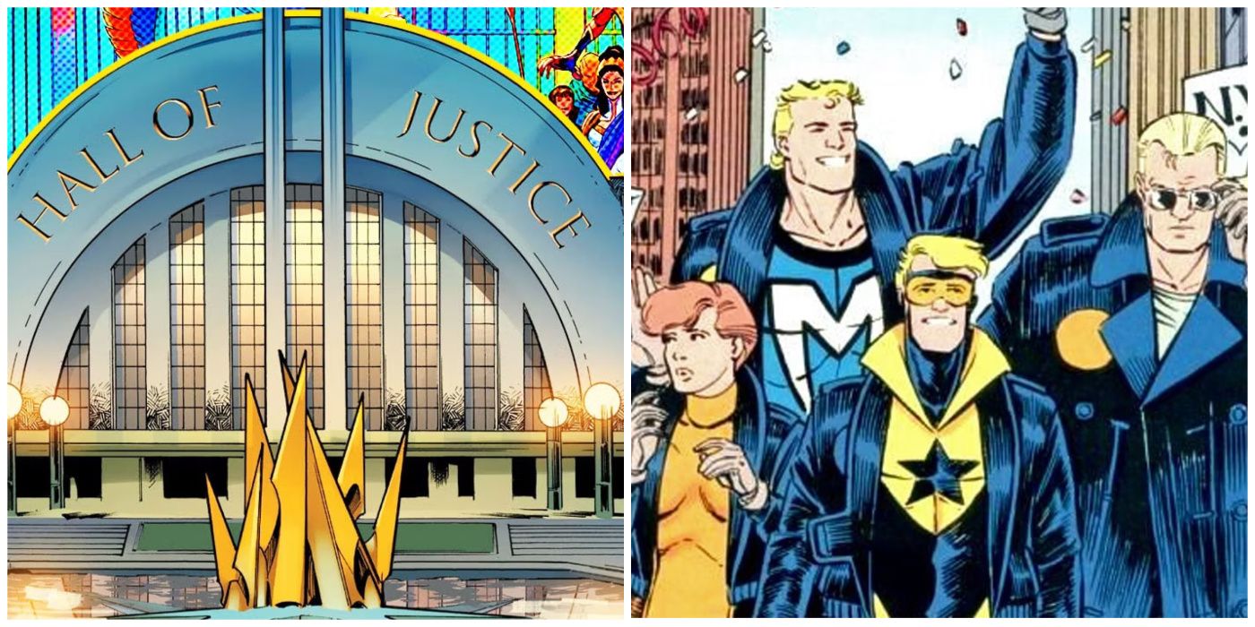 Split image of Hall of Justice and The Conglomerate from Justice League in DC Comics