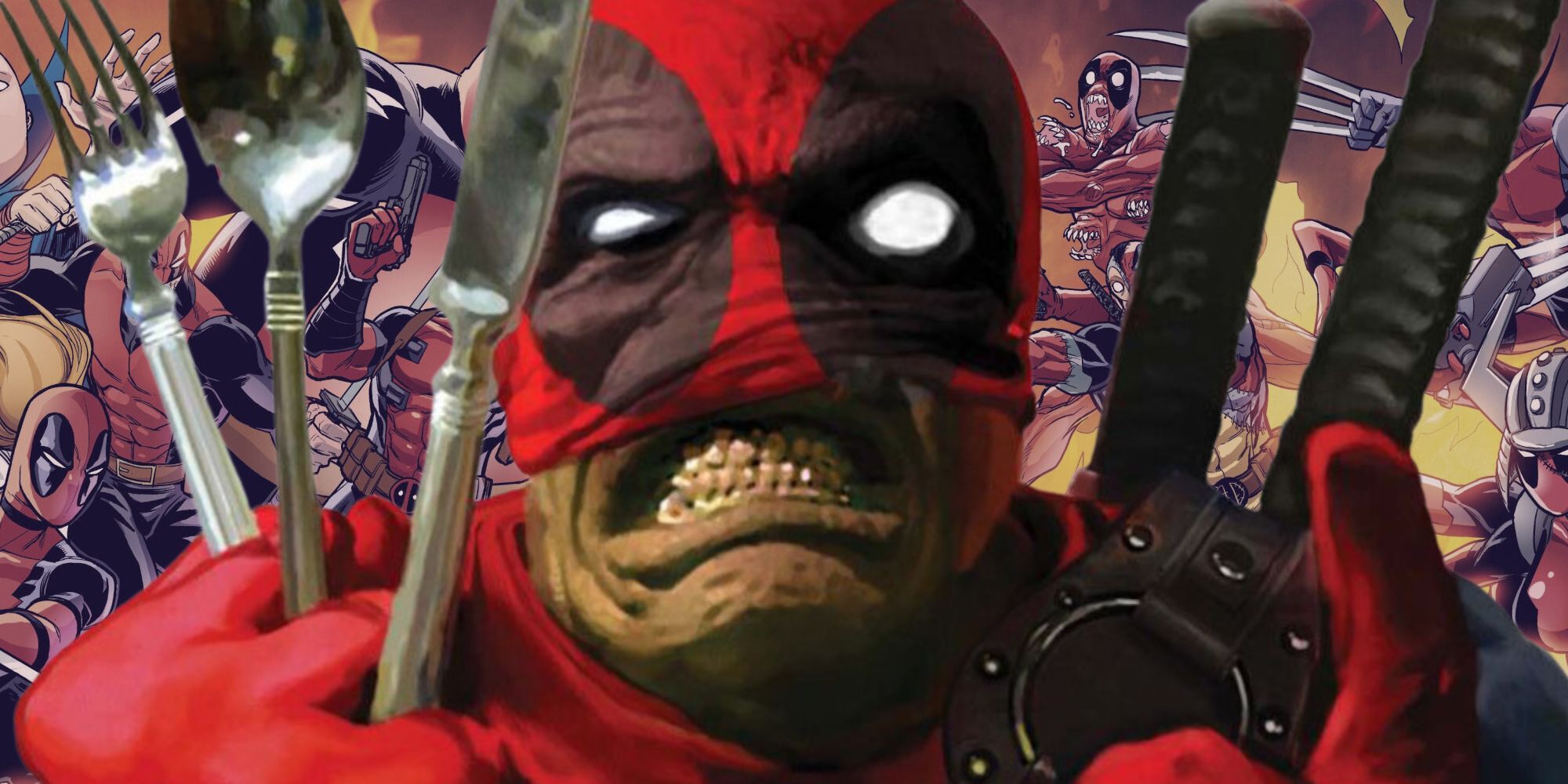 A composite image of Deadpool in two of his most violent comics