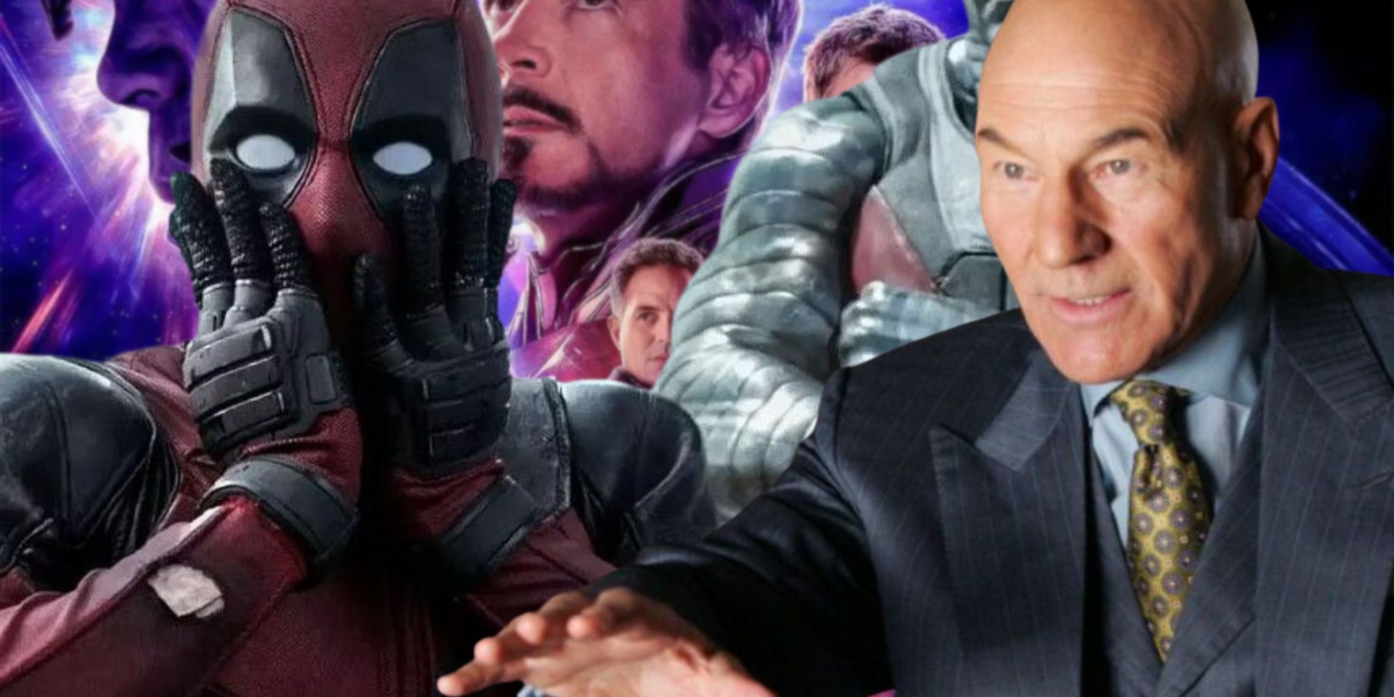 Live-action Deadpool and Professor X in front of an MCU Avengers: Endgame poster