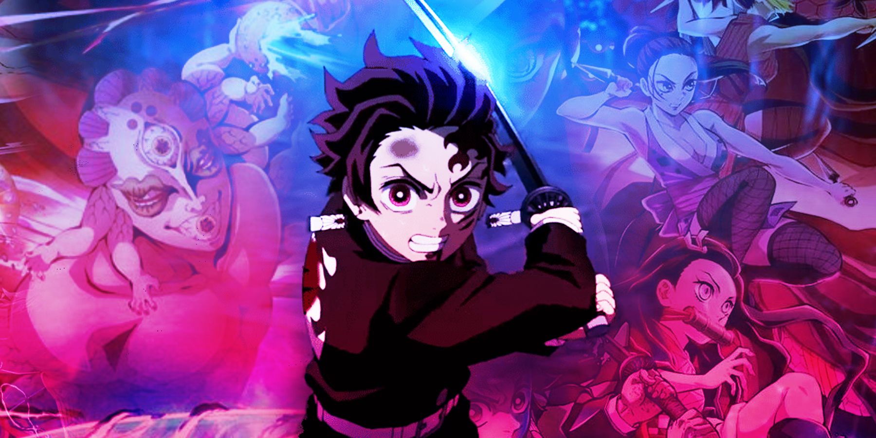 Tanjiro empunhando sua espada Nichirin na frente de uma colagem de demônios e outros matadores de demônios do anime Demon Slayer
