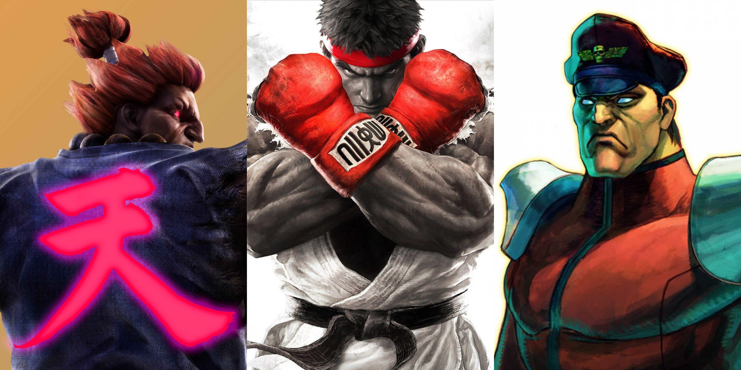 Split image featuring Akuna, Ryu, and M. Bison from the Street Fighter franchise