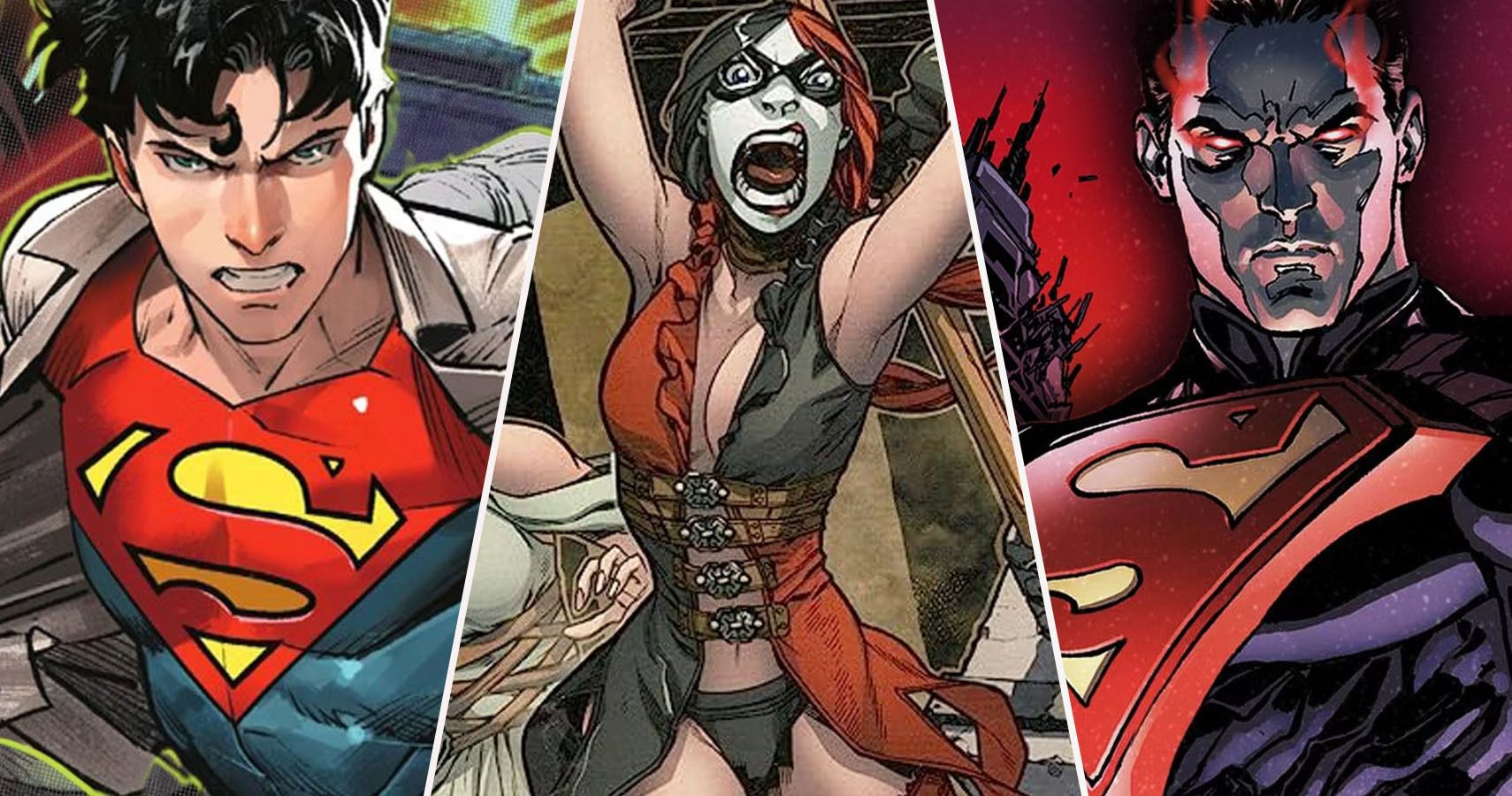 3 way split of Jon Kent, Harley Quinn, and Injustice Superman