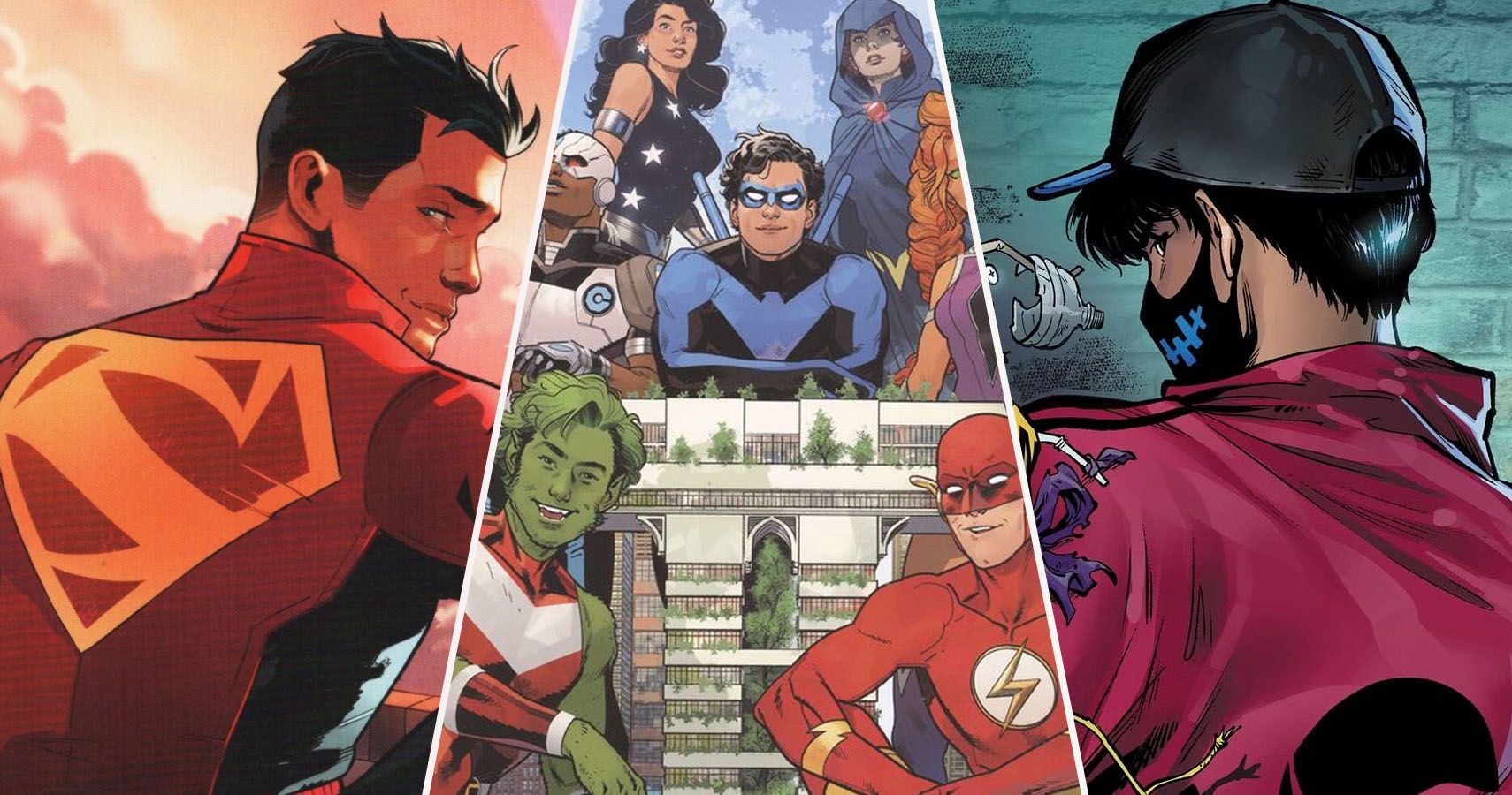 3 way split of Jon Kent, Titans, and City Boy Dawn of DC Comic covers