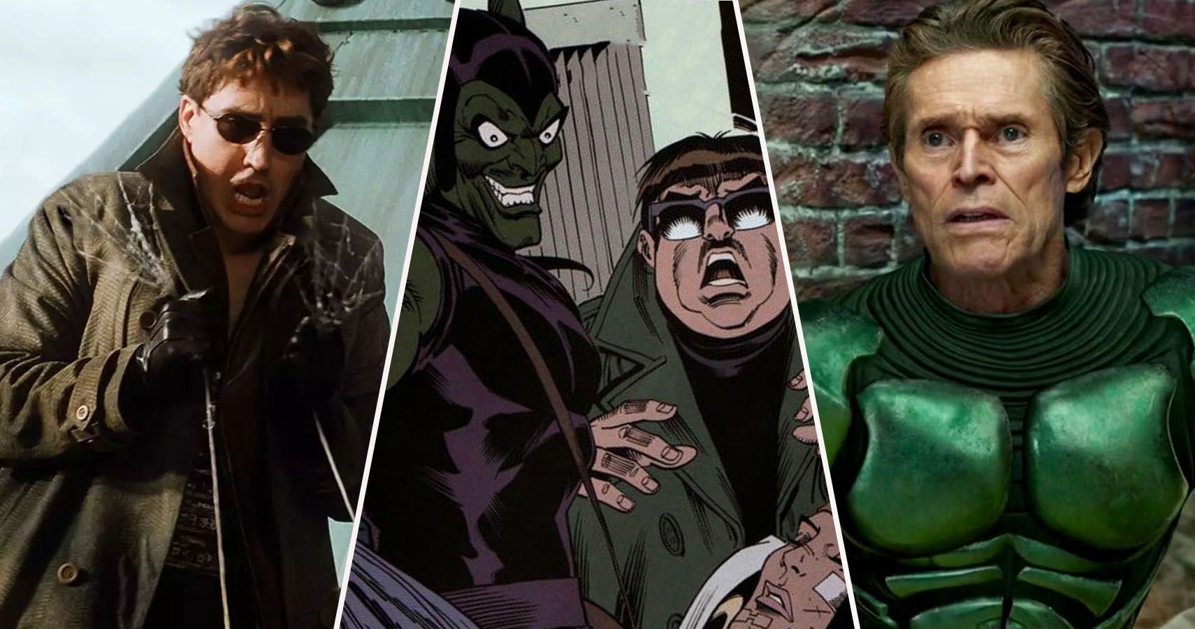 Split image of live-action Doctor Ock, Marvel Comics Green Goblin, and live-action green goblin