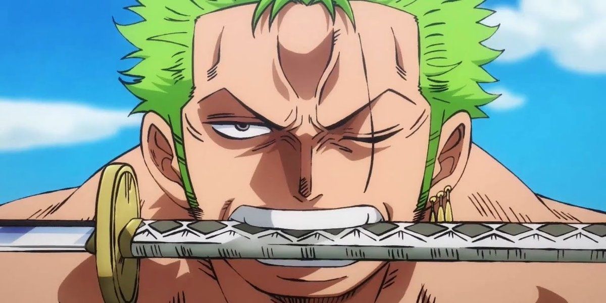 A closeup of Roronoa Zoro with a katana in his mouth in One Piece.