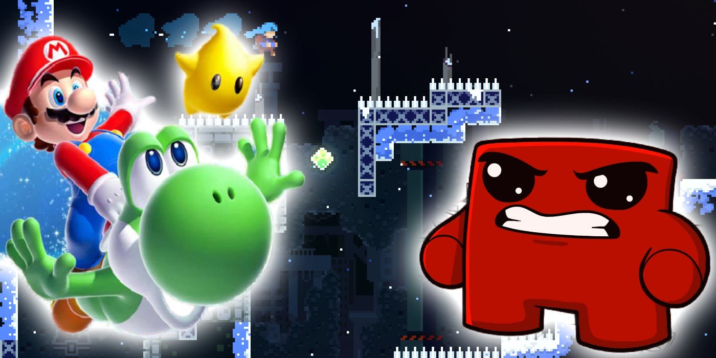 A collage of mario and super meat boy over celeste gameplay